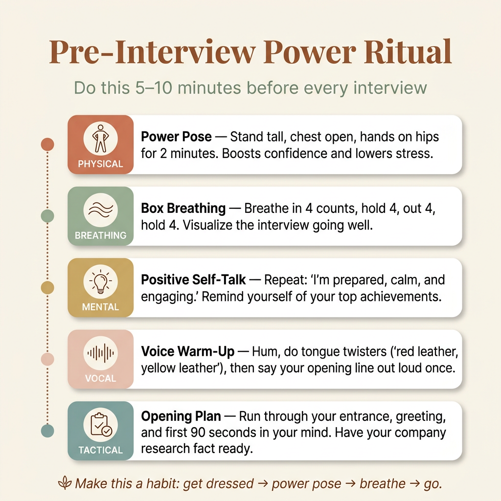Step-by-step pre-interview power ritual: Power Pose, Deep Breathing, Positive Visualization, Voice Warm-Up